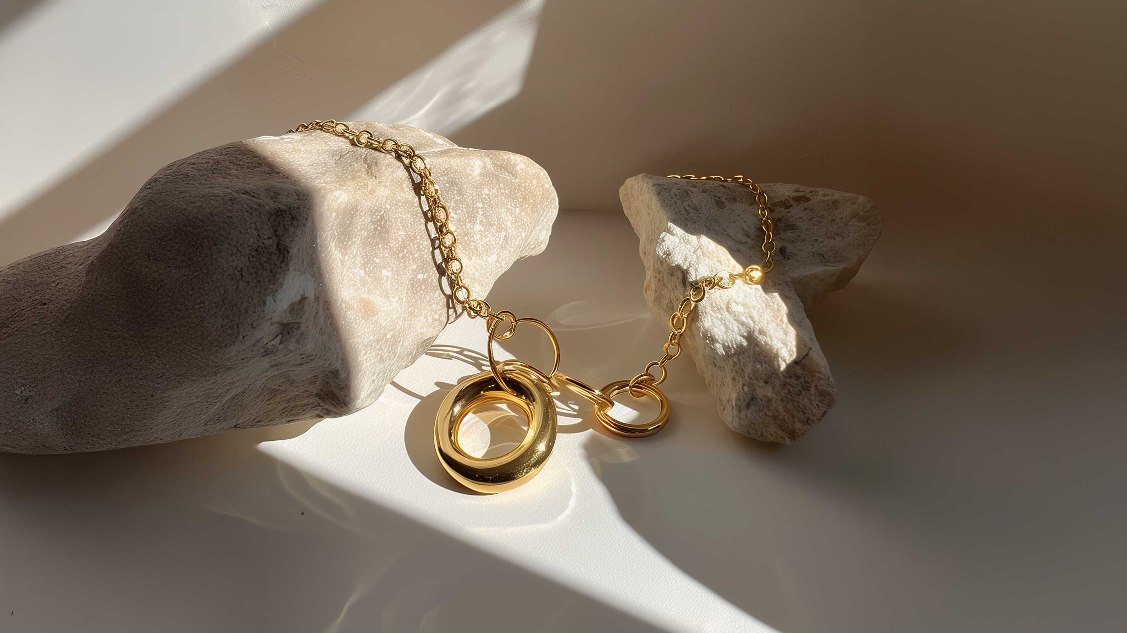 Gold bracelet with circular charms on a light background