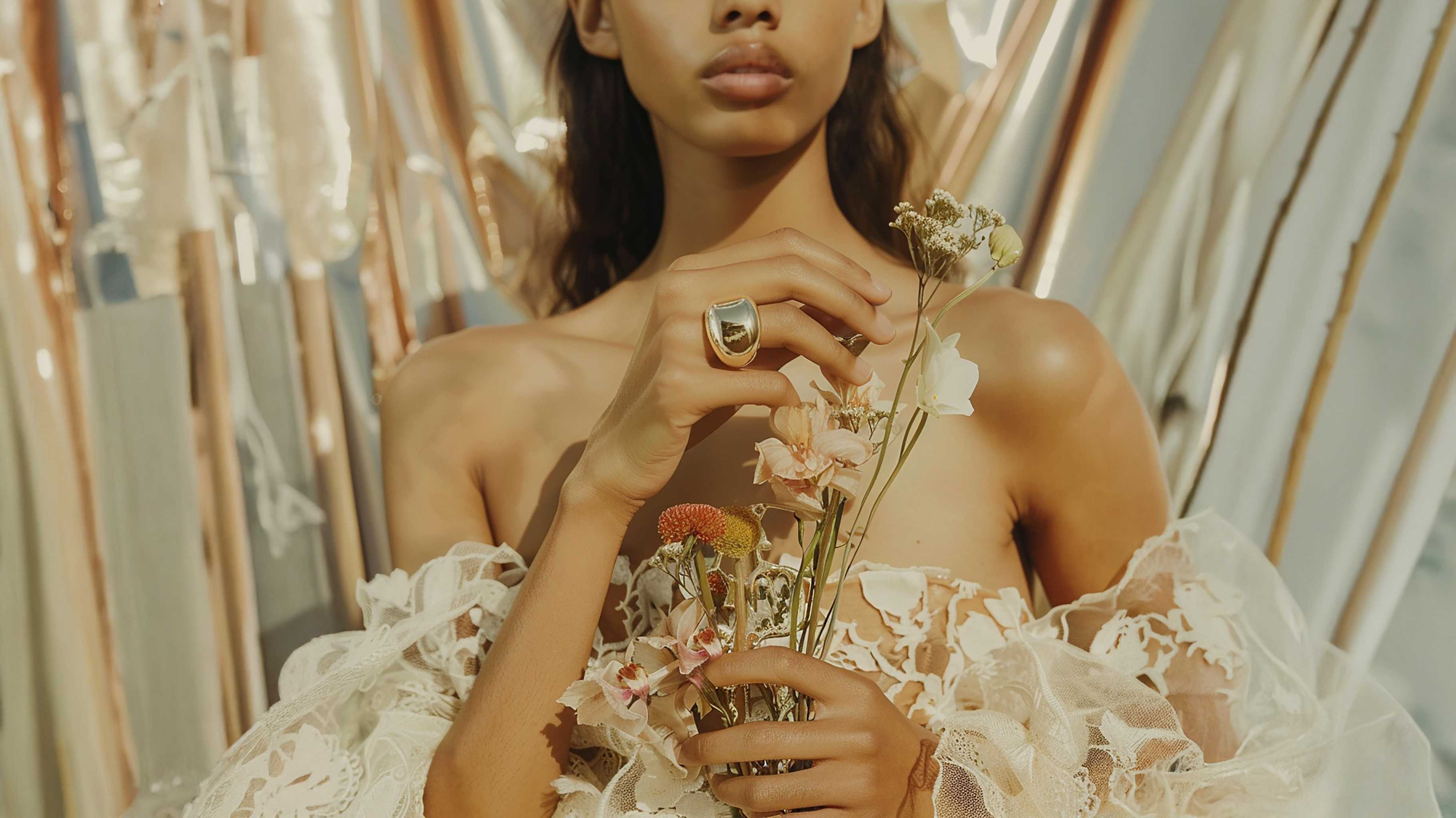 Woman holding a bouquet of flowers against a blurred natural background