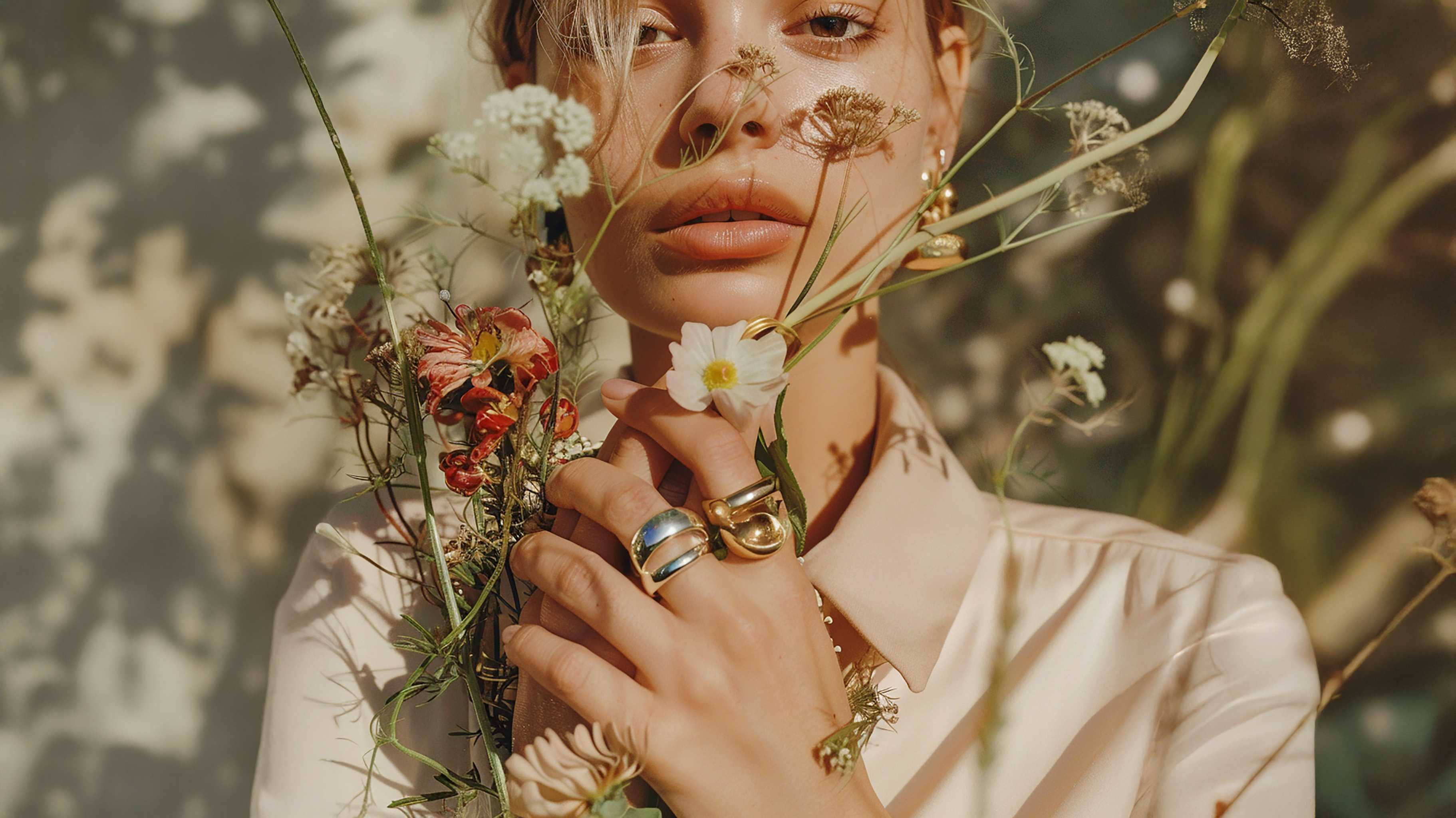 elegant women holding flowers whilst looking at camera
